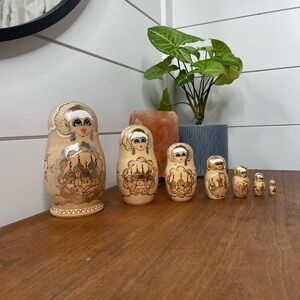 Russian Gold and Cream Wooden Nesting Dolls Set
